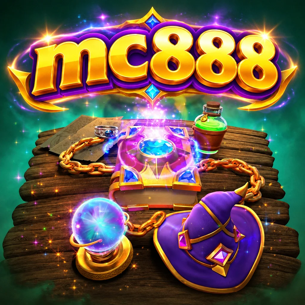 Meja kayu dengan buku sihir, bola kristal, topi penyihir, dan logo mc888 untuk game Alchemy Gold