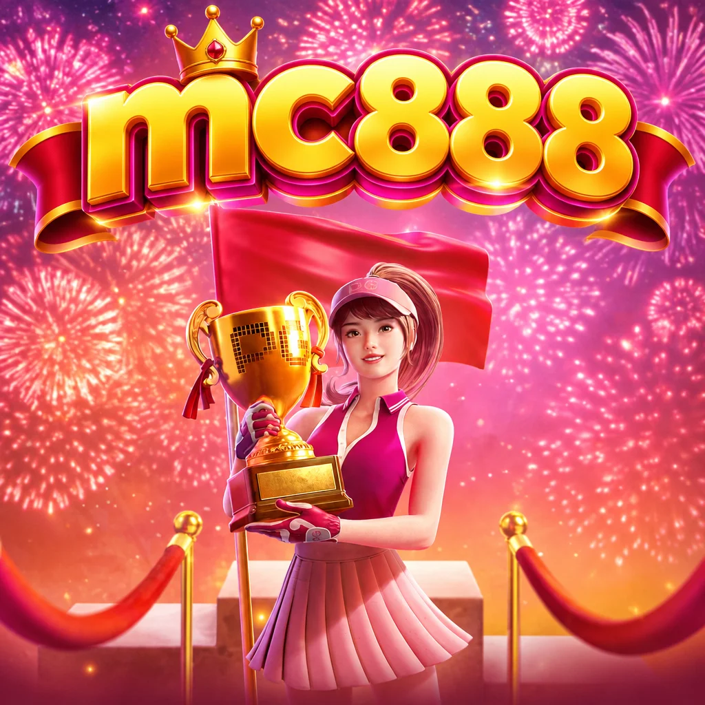 Pemain golf wanita memegang piala emas berlatar kembang api dengan logo mc888 untuk game Super Golf Drive