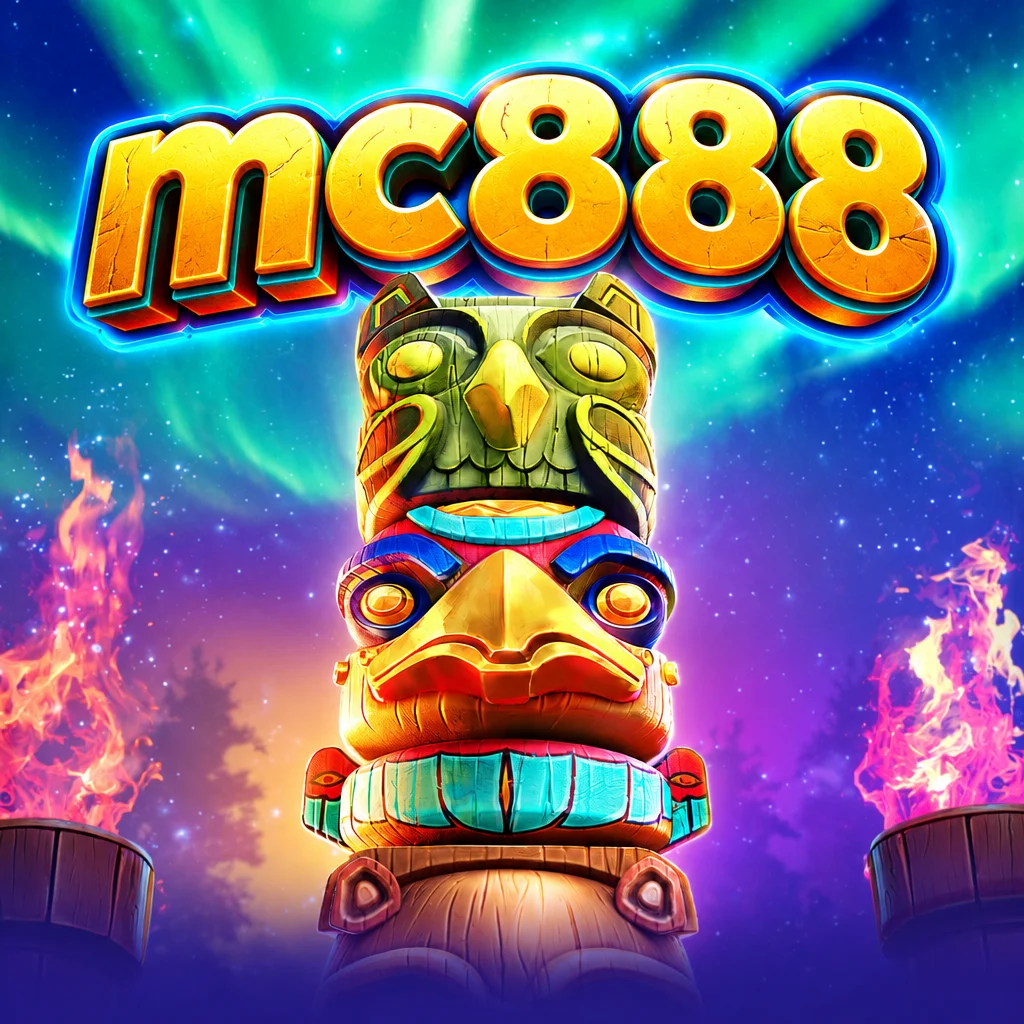 Tiga pilar totem suku kuno berukir dengan ornamen mistis dan logo mc888 untuk game Totem Wonders